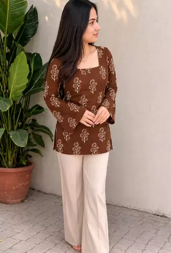Women's Rayon Ajrakh Printed Jaipuri  Short Brown Kurti