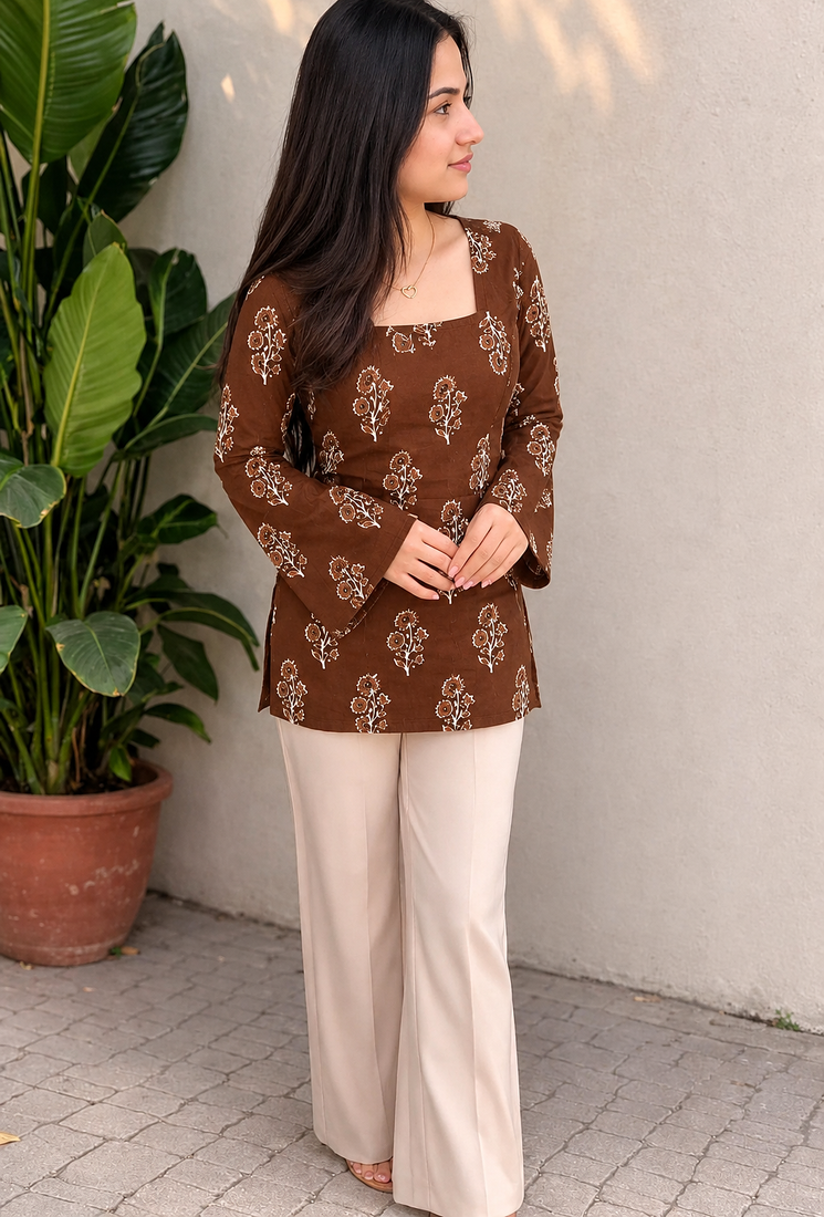 Women's Rayon Ajrakh Printed Jaipuri  Short Brown Kurti