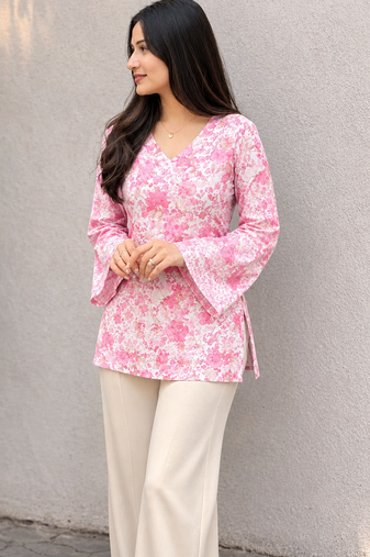 Women's Rayon Floral Printed Jaipuri  Short Pink Kurti
