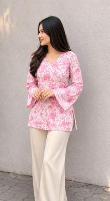 Women's Rayon Floral Printed Jaipuri  Short Pink Kurti 1