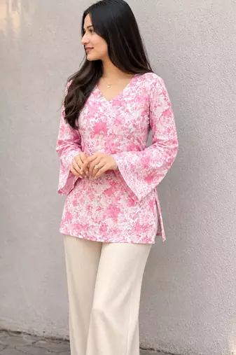Women's Rayon Floral Printed Jaipuri  Short Pink Kurti