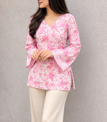 Women's Rayon Floral Printed Jaipuri  Short Pink Kurti