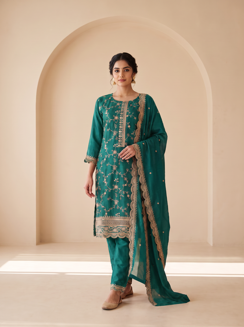 Teal Green Embroidered Pakistani Suit with Dupatta