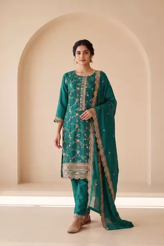 Teal Green Embroidered Pakistani Suit with Dupatta