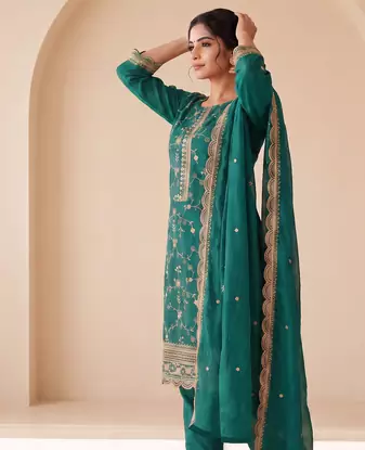 Teal Green Embroidered Pakistani Suit with Dupatta