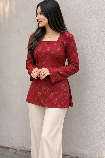 Women's Rayon Ajrakh Printed Jaipuri  Short Maroon Kurti