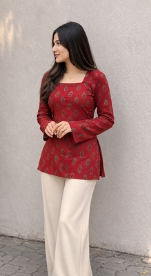 Women's Rayon Ajrakh Printed Jaipuri  Short Maroon Kurti 1