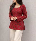 Women's Rayon Ajrakh Printed Jaipuri  Short Maroon Kurti