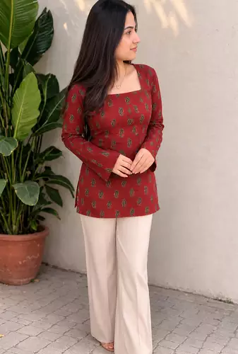 Women's Rayon Ajrakh Printed Jaipuri  Short Maroon Kurti