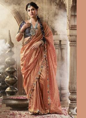peach zari tissue lace work festive wear saree 1