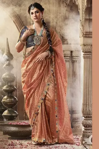 peach zari tissue lace work festive wear saree