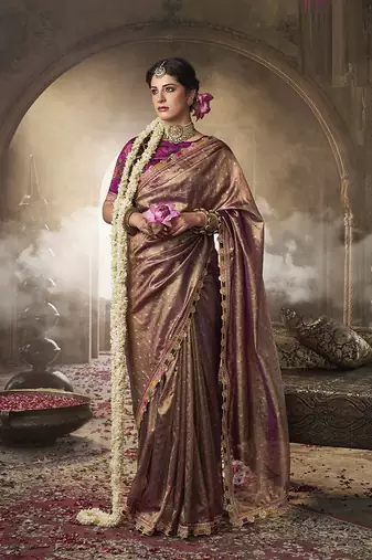 mauve zari tissue lace work festive wear saree