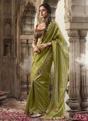 olive  zari tissue lace work festive wear saree 1