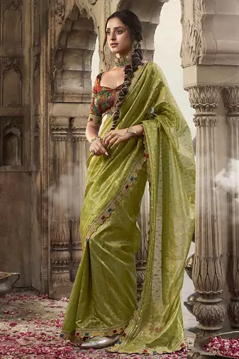 olive  zari tissue lace work festive wear saree