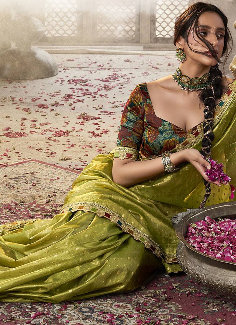 olive  zari tissue lace work festive wear saree