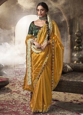 mustard  zari tissue lace work festive wear saree 1