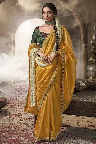 mustard  zari tissue lace work festive wear saree