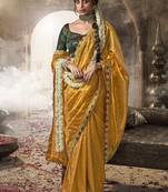 mustard  zari tissue lace work festive wear saree