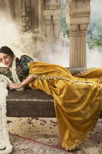 mustard  zari tissue lace work festive wear saree