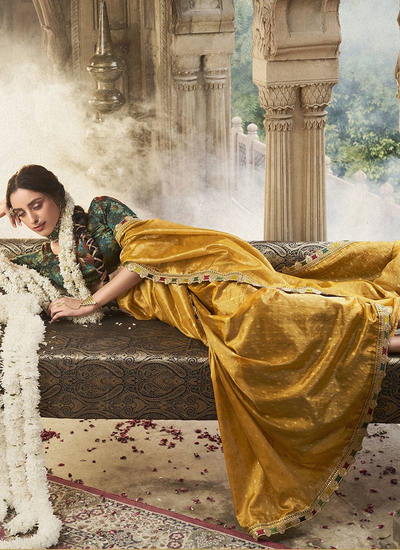 mustard  zari tissue lace work festive wear saree
