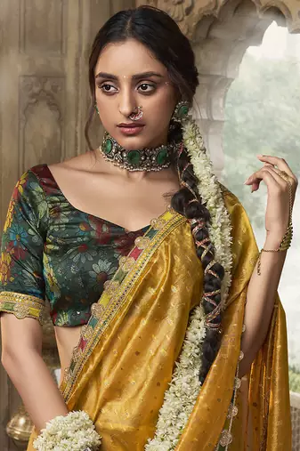 mustard  zari tissue lace work festive wear saree