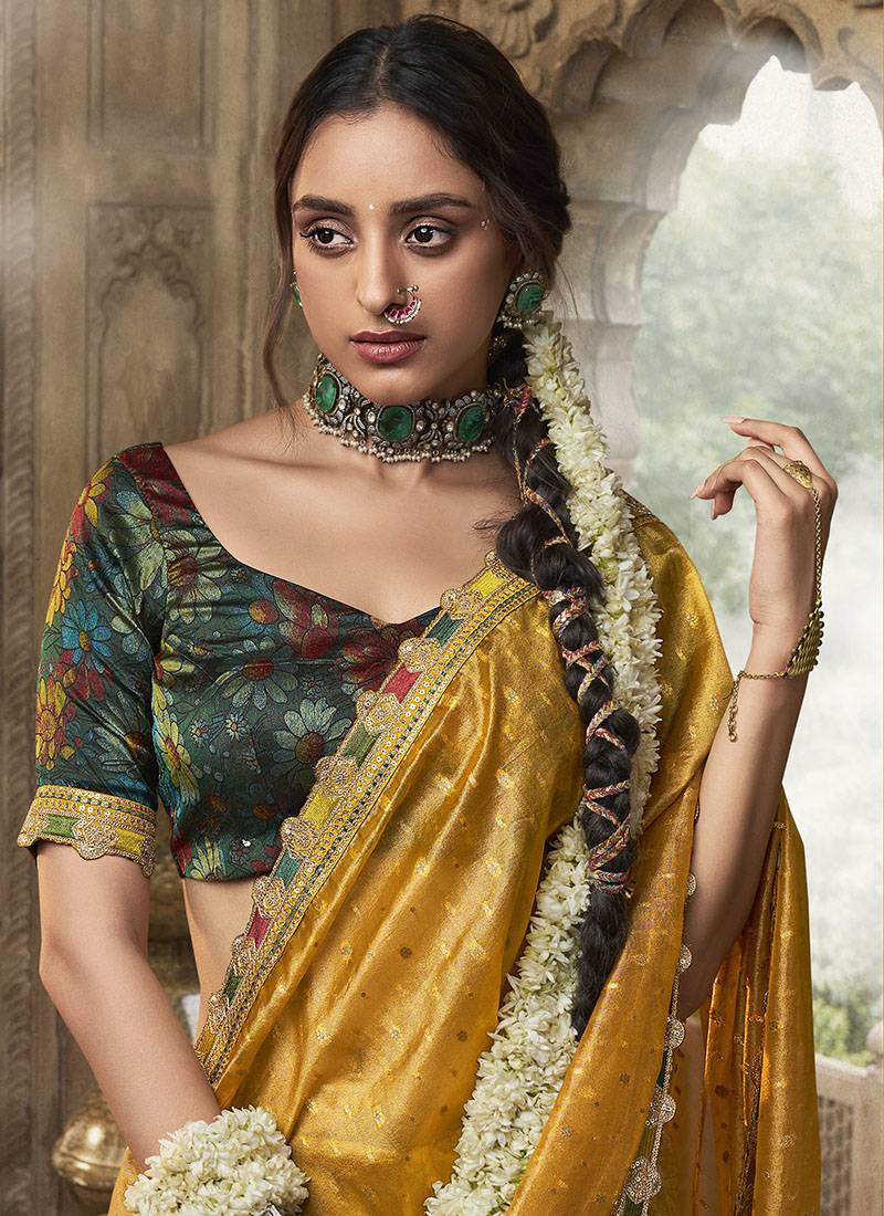 mustard  zari tissue lace work festive wear saree