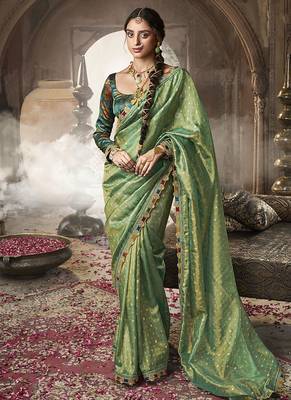 pista zari tissue lace work festive wear saree 1