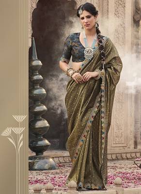 khaki zari tissue lace work festive wear saree 1