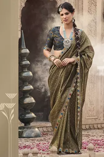 khaki zari tissue lace work festive wear saree