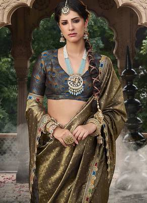 khaki zari tissue lace work festive wear saree 2