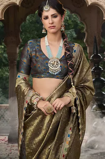 khaki zari tissue lace work festive wear saree