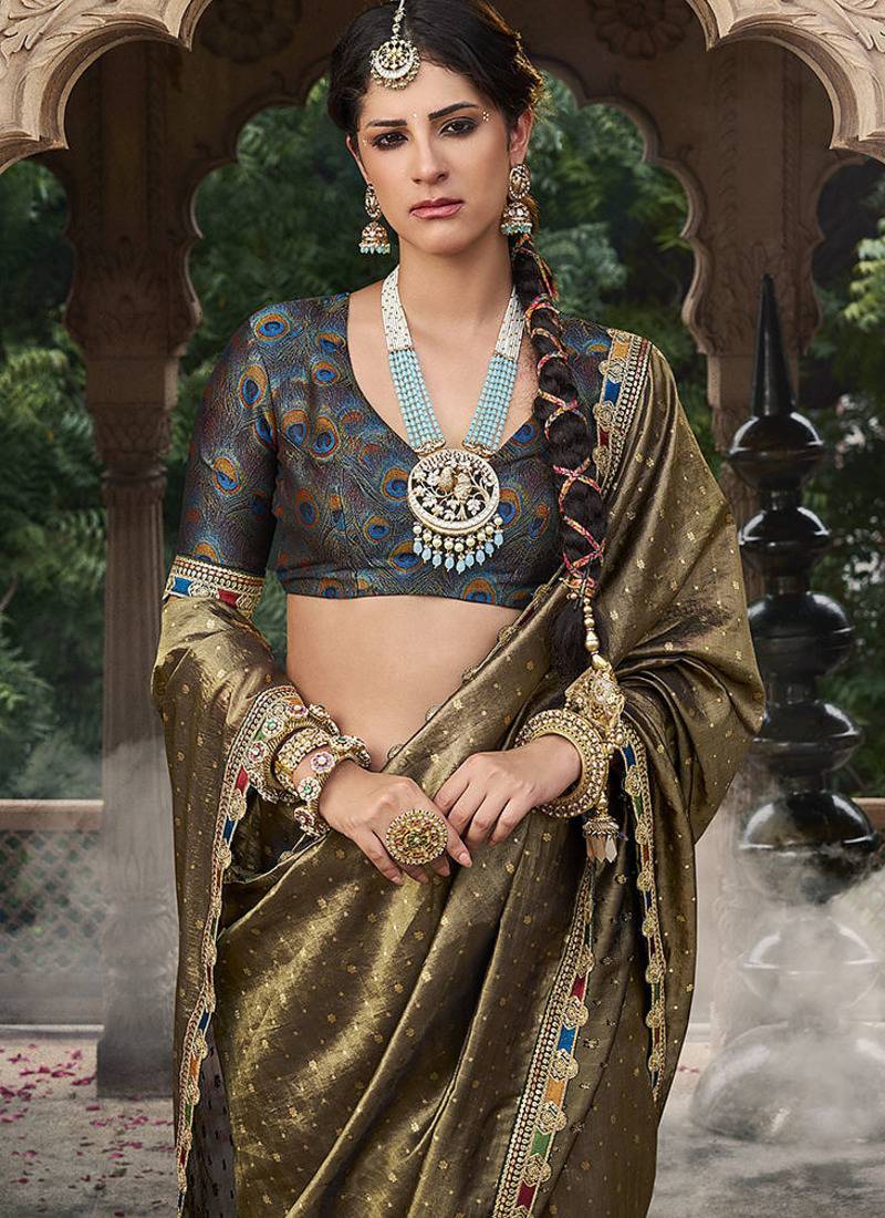 khaki zari tissue lace work festive wear saree