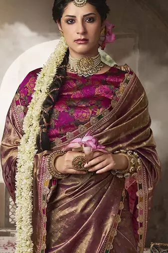 mauve zari tissue lace work festive wear saree
