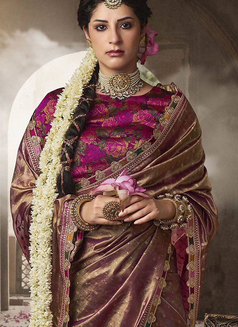 mauve zari tissue lace work festive wear saree