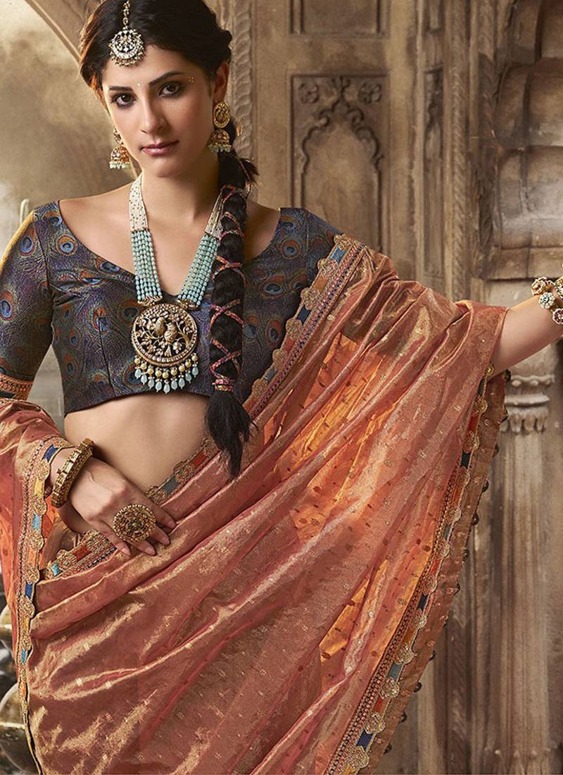 peach zari tissue lace work festive wear saree