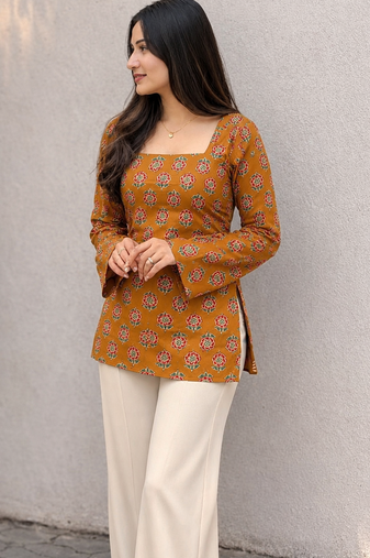 Women's Rayon Ajrakh Printed Jaipuri  Short Orange Kurti