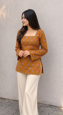 Women's Rayon Ajrakh Printed Jaipuri  Short Orange Kurti 1