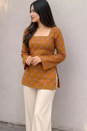 Women's Rayon Ajrakh Printed Jaipuri  Short Orange Kurti