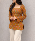 Women's Rayon Ajrakh Printed Jaipuri  Short Orange Kurti