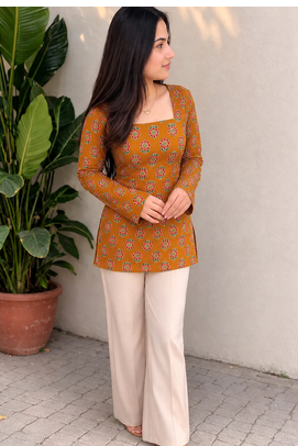 Women's Rayon Ajrakh Printed Jaipuri  Short Orange Kurti 2