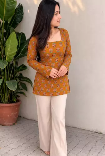 Women's Rayon Ajrakh Printed Jaipuri  Short Orange Kurti