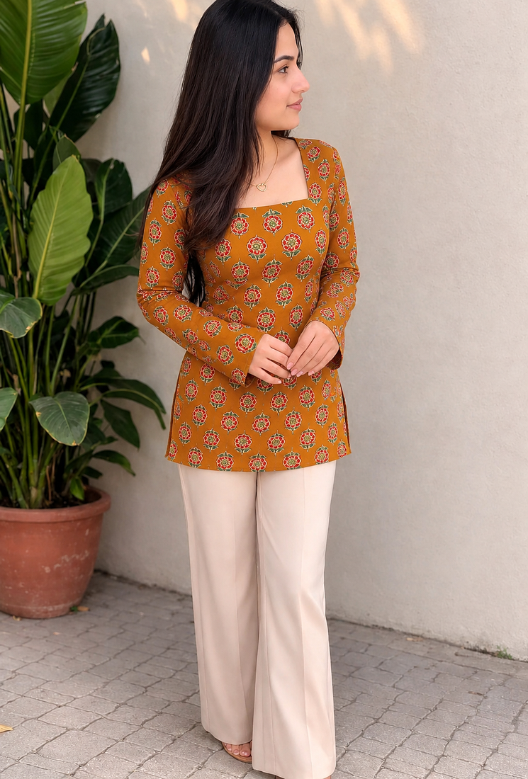 Women's Rayon Ajrakh Printed Jaipuri  Short Orange Kurti