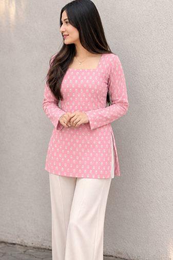 Women's Rayon Ajrakh Printed Jaipuri  Short Pink Kurti