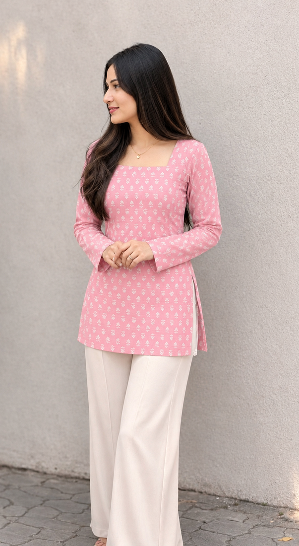 Women's Rayon Ajrakh Printed Jaipuri  Short Pink Kurti