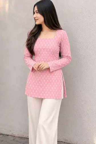 Women's Rayon Ajrakh Printed Jaipuri  Short Pink Kurti