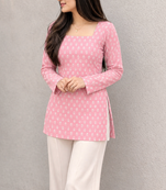 Women's Rayon Ajrakh Printed Jaipuri  Short Pink Kurti