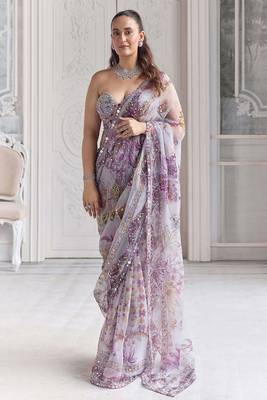 Lavender star georgette sequence & mirror work saree with unstitched blouse 1