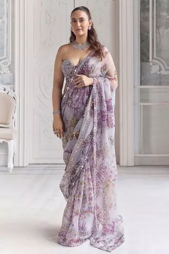 Lavender star georgette sequence & mirror work saree with unstitched blouse