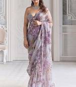 Lavender star georgette sequence & mirror work saree with unstitched blouse