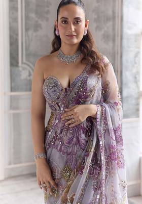 Lavender star georgette sequence & mirror work saree with unstitched blouse 2